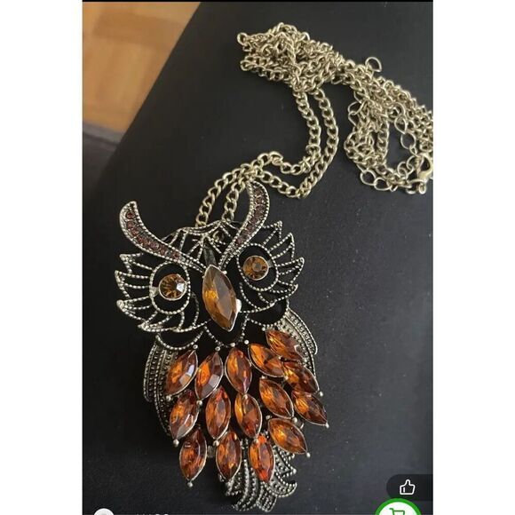 Vintage Style Boho Owl Necklace Long Chain Amber Rhinestone Pendant Jewelry Gift - Picture 9 of 12
